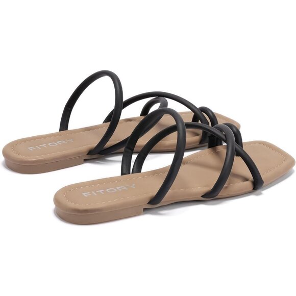 Women's Black Soft Flat Toe Ring Style Thongs Cross Strap Slide Sandal Shoes - Picture 5 of 6